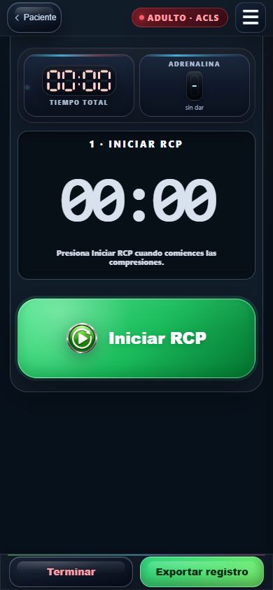 Pantalla real de RCP de CardioCodex con cronómetros, controles de registro y metrónomo. Datos de demostración.